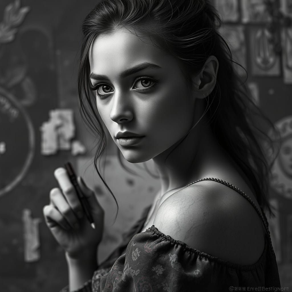 Enigmatic Grayscale Portrait of an Artistic Visionary