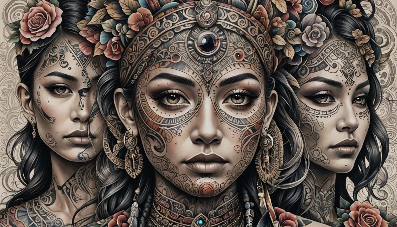 Ornate Tattooed Face in Hypercolorful Abstract Style