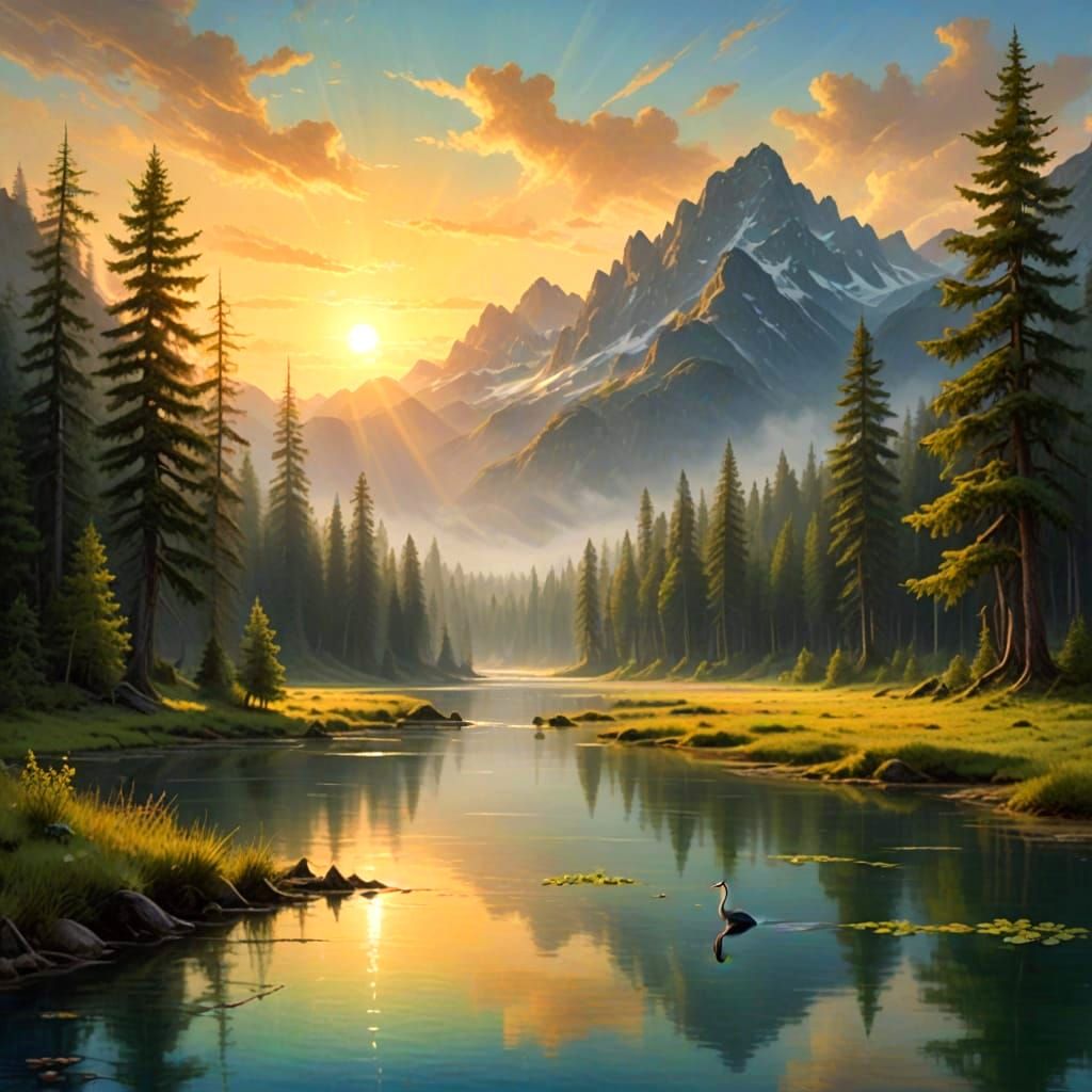 Lush Watercolor Heron in Majestic Mountain Landscape