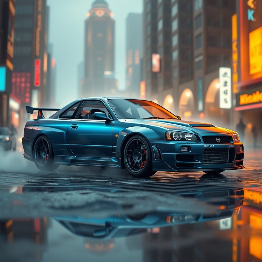 Nissan Skyline in Dreamlike Cyberpunk Cityscape