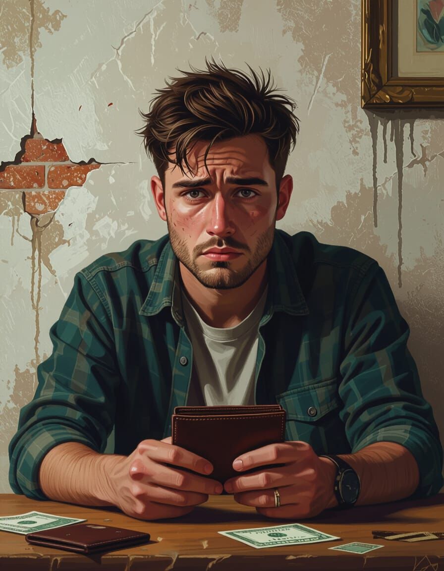 Distressed Man Holds Empty Wallet, Financial Struggle