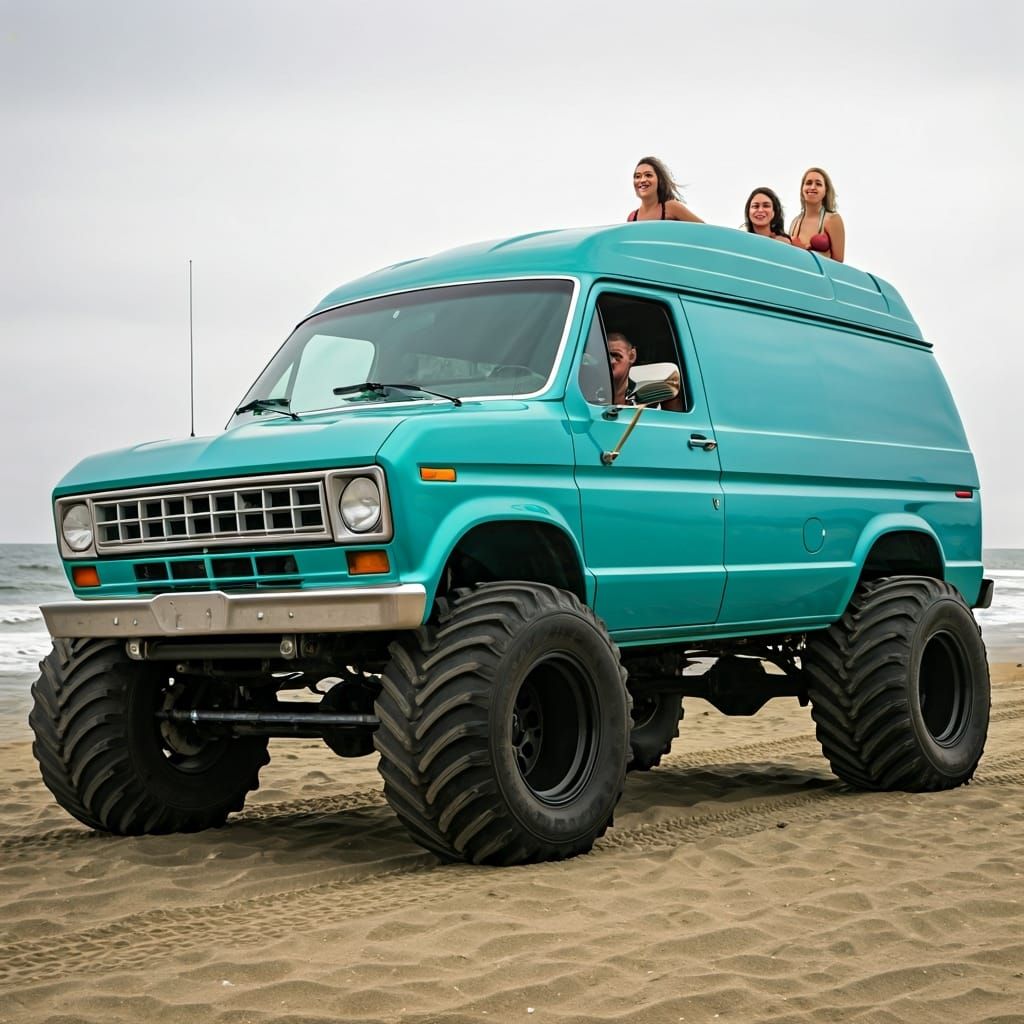 Turquoise Ford Econoline Van on Beach, Hyperrealistic Style
