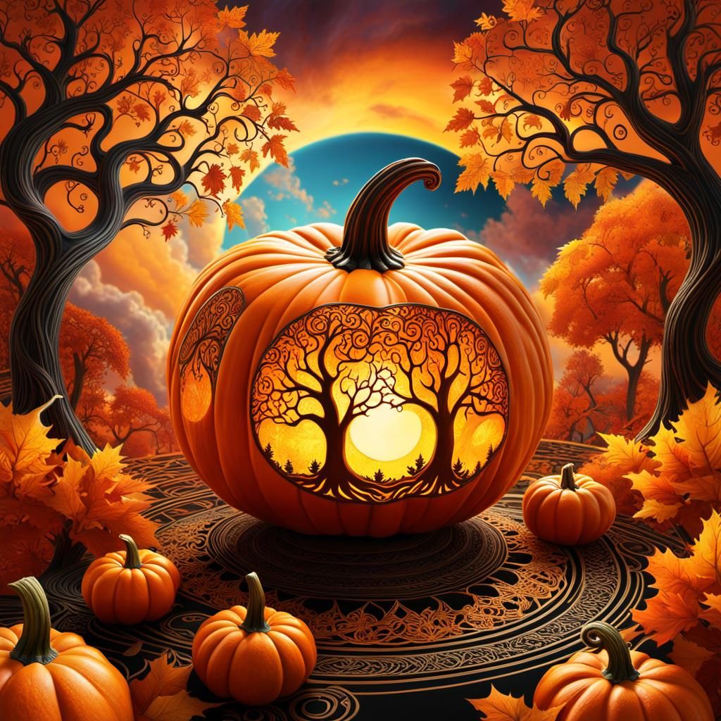 Glowing Pumpkin Carved with Autumn Scene: Digital Art