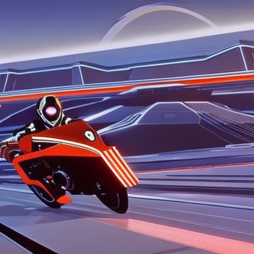 Motorbike Rider in Retrofuturistic Hockey Arena