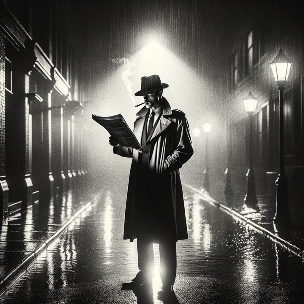 Classic Film Noir Scene with Man in Trench Coat