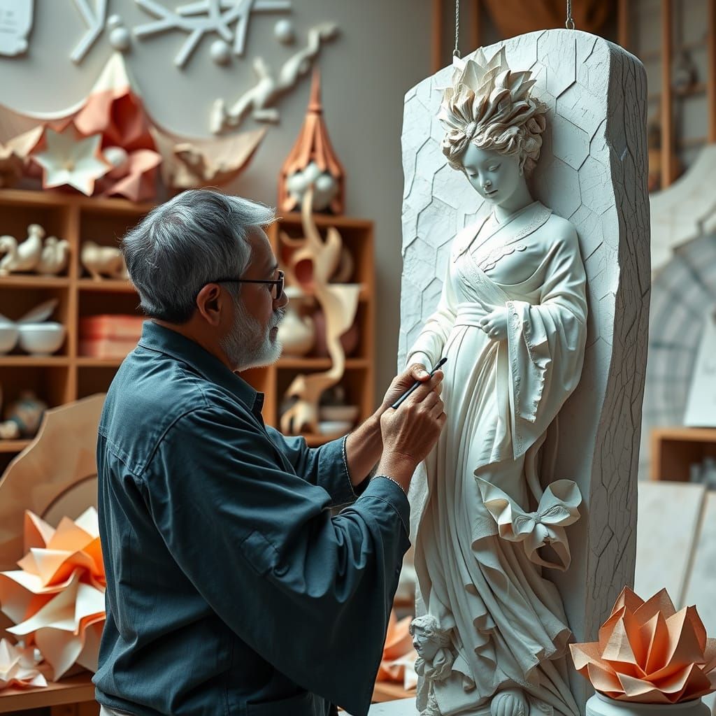 Sculptor Carving Marble Statue with Paper Art