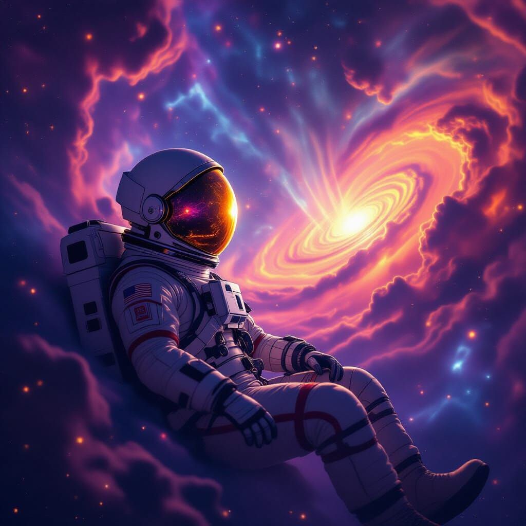 Astronaut Adrift in Cosmic Nebula Reflecting Alien Galaxy