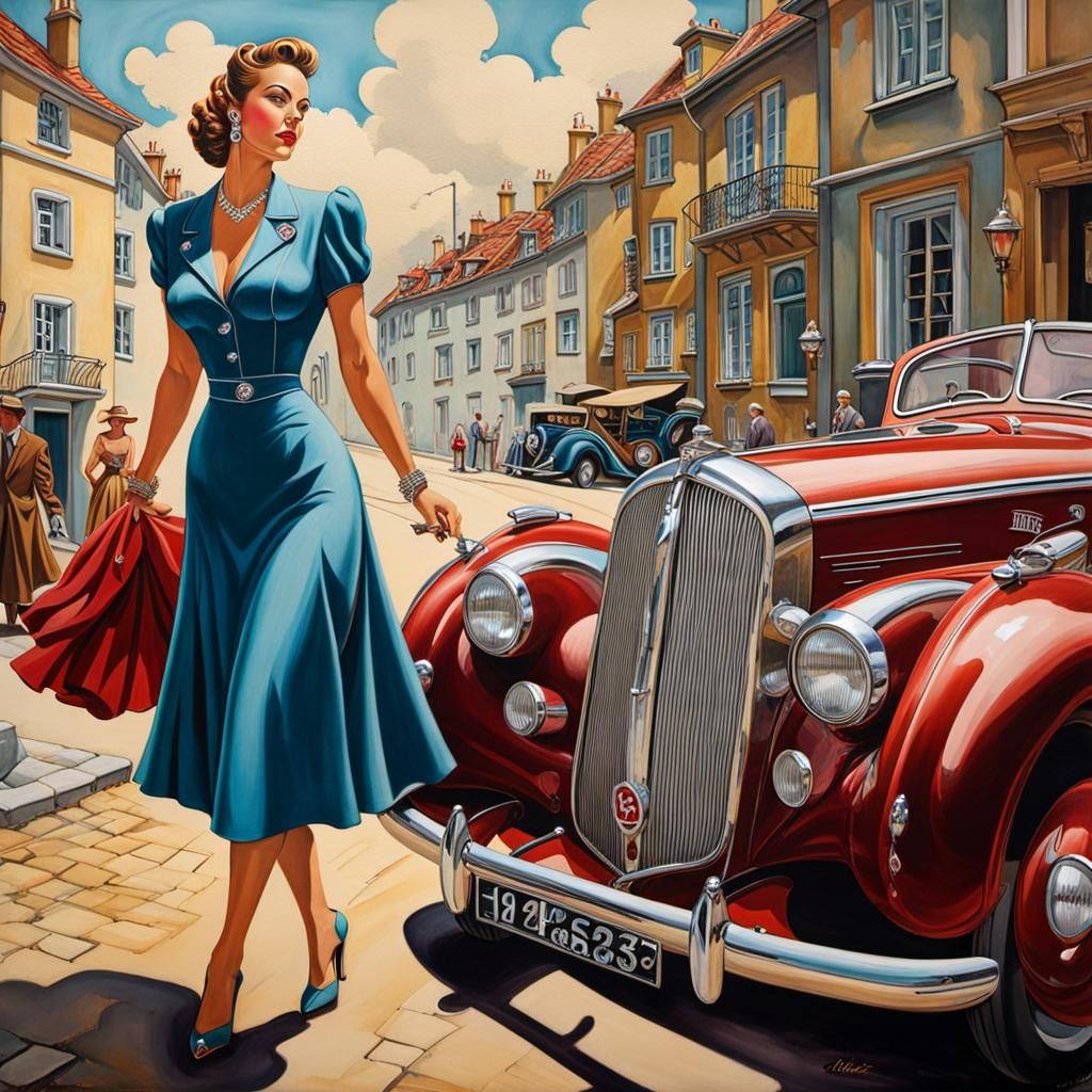 Vintage Car in Anton Pieck-Inspired Street Art