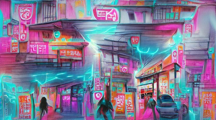 Neon Japanese Street Scene in Pastel Art Style