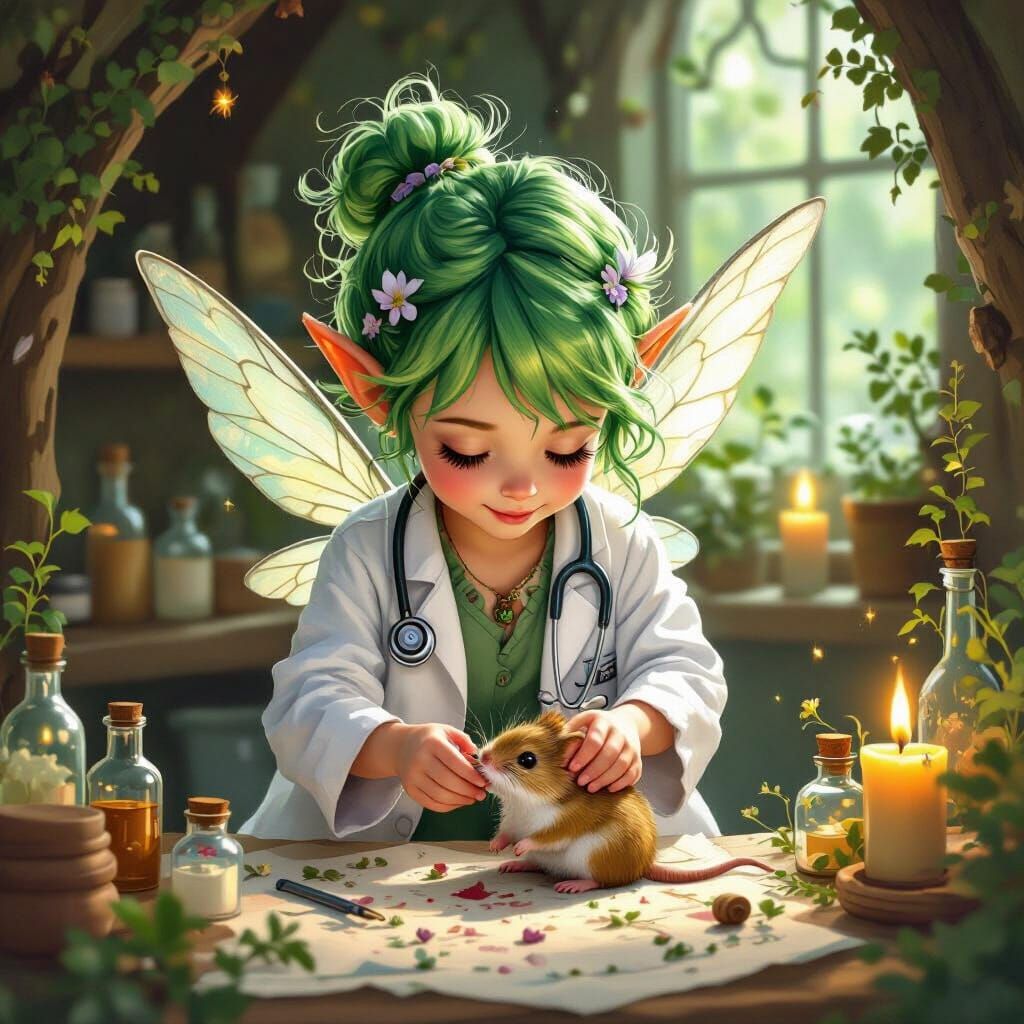 Pixie Vet Tends Wounded Mouse in Woodland Clinic