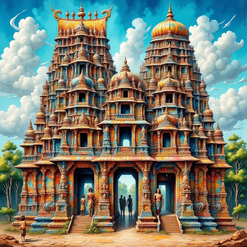 Vibrant Hindu Temple Towers in Raja Ravi Varma Style