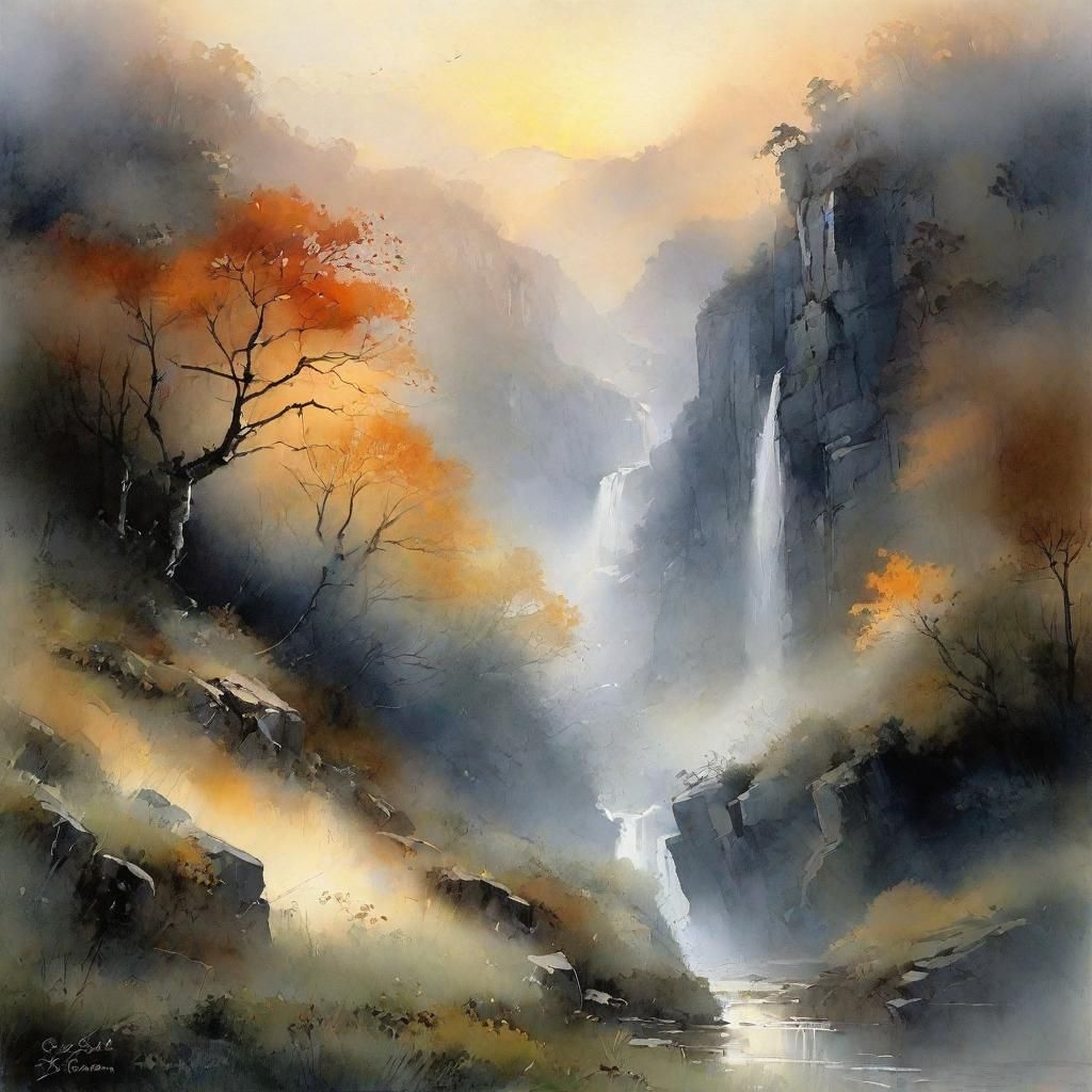 Foggy Valley Waterfall at Sunrise in Watercolor Style