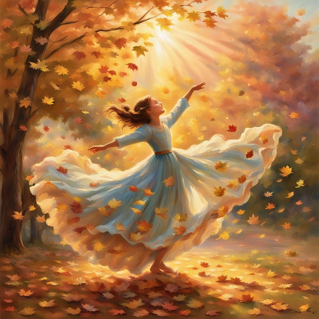 Girl Throws Autumn Leaves in Kinkade Style