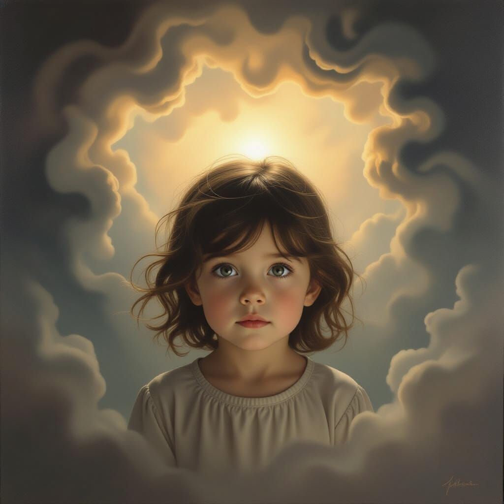 Child's Hope Pierces Dark Fog as Surreal Oil Painting