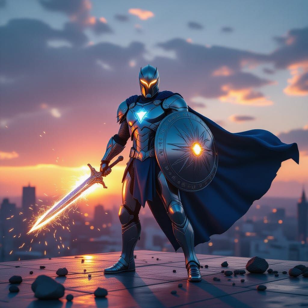 Heroic Defender on Rooftop with Glowing Shield