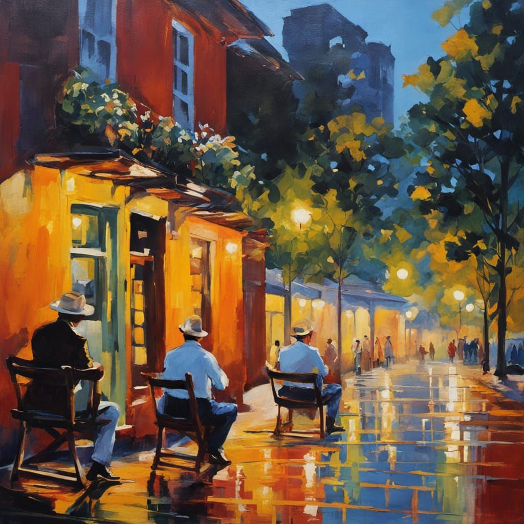 Man Feeding Pigeons: Impressionistic Sunset Painting