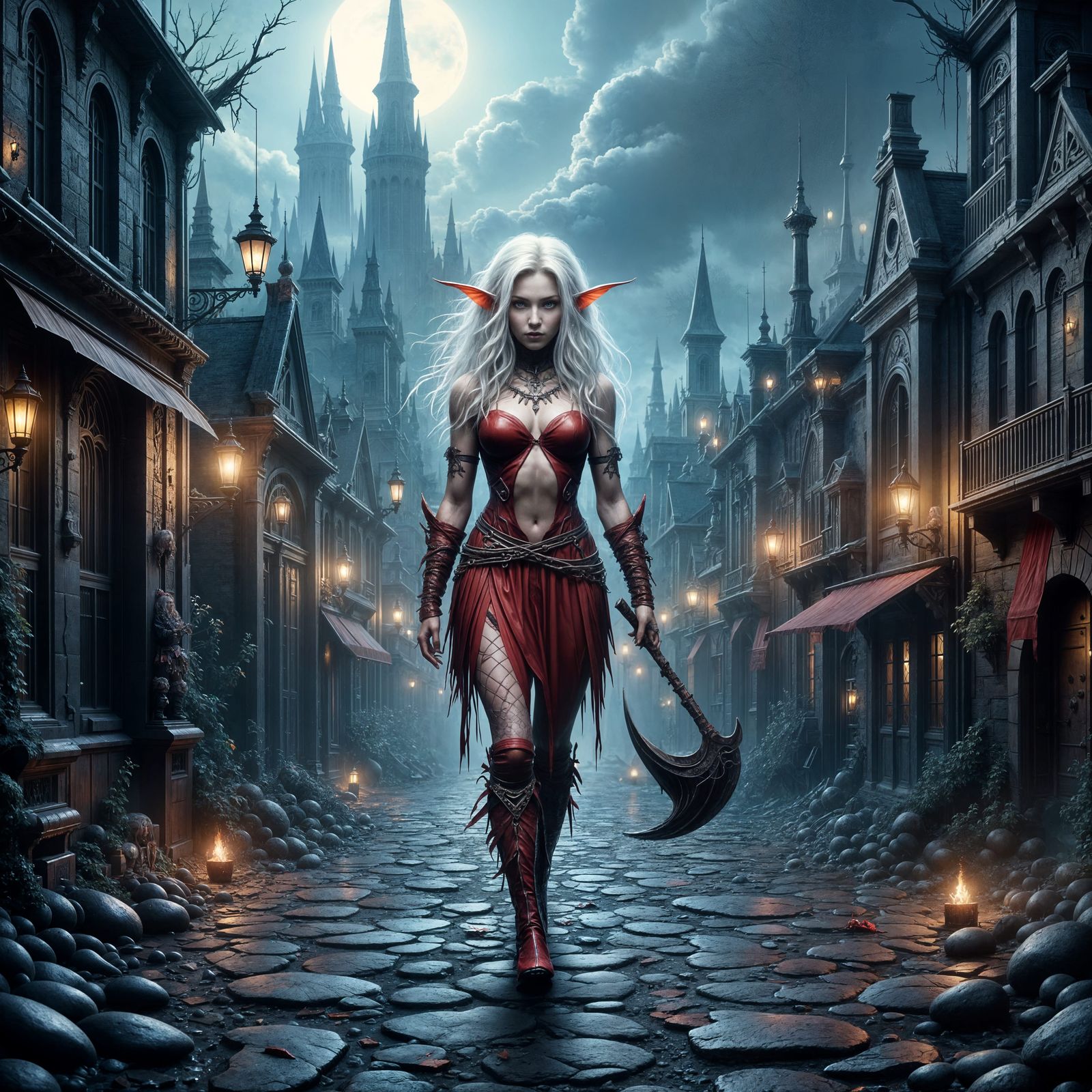 Albino Elf Maiden in Red Leather in a Wicked City
