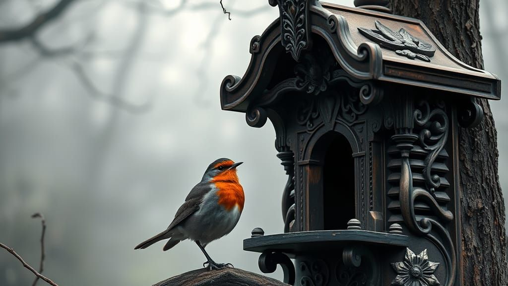 Robin and Ornate Birdhouse in Sci-Fi Style