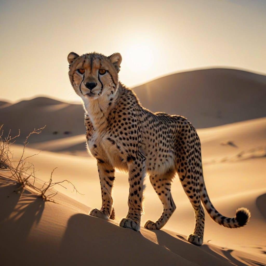 Photorealistic Cheetah on Namibian Sand Dune at Golden Hour