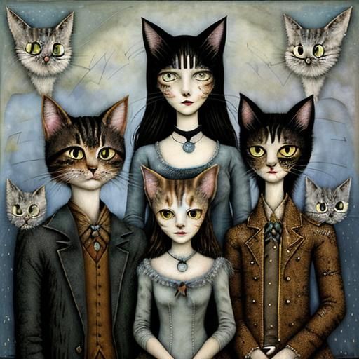 Intricate Cat Family Portrait in Mixed Media Style