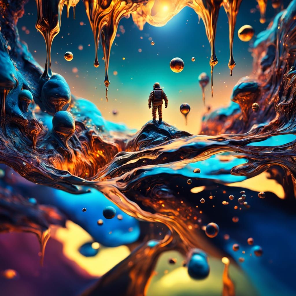 Surreal Figure Floating in Dreamlike Landscape