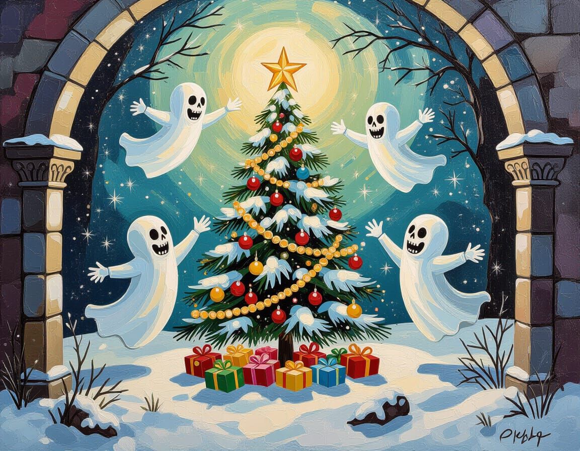 Ghosts Dancing in Crypt Christmas Impasto Oil Painting