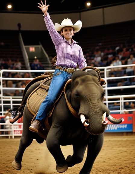 Rodeo Elephant Barrel Racing with Female Bull Rider