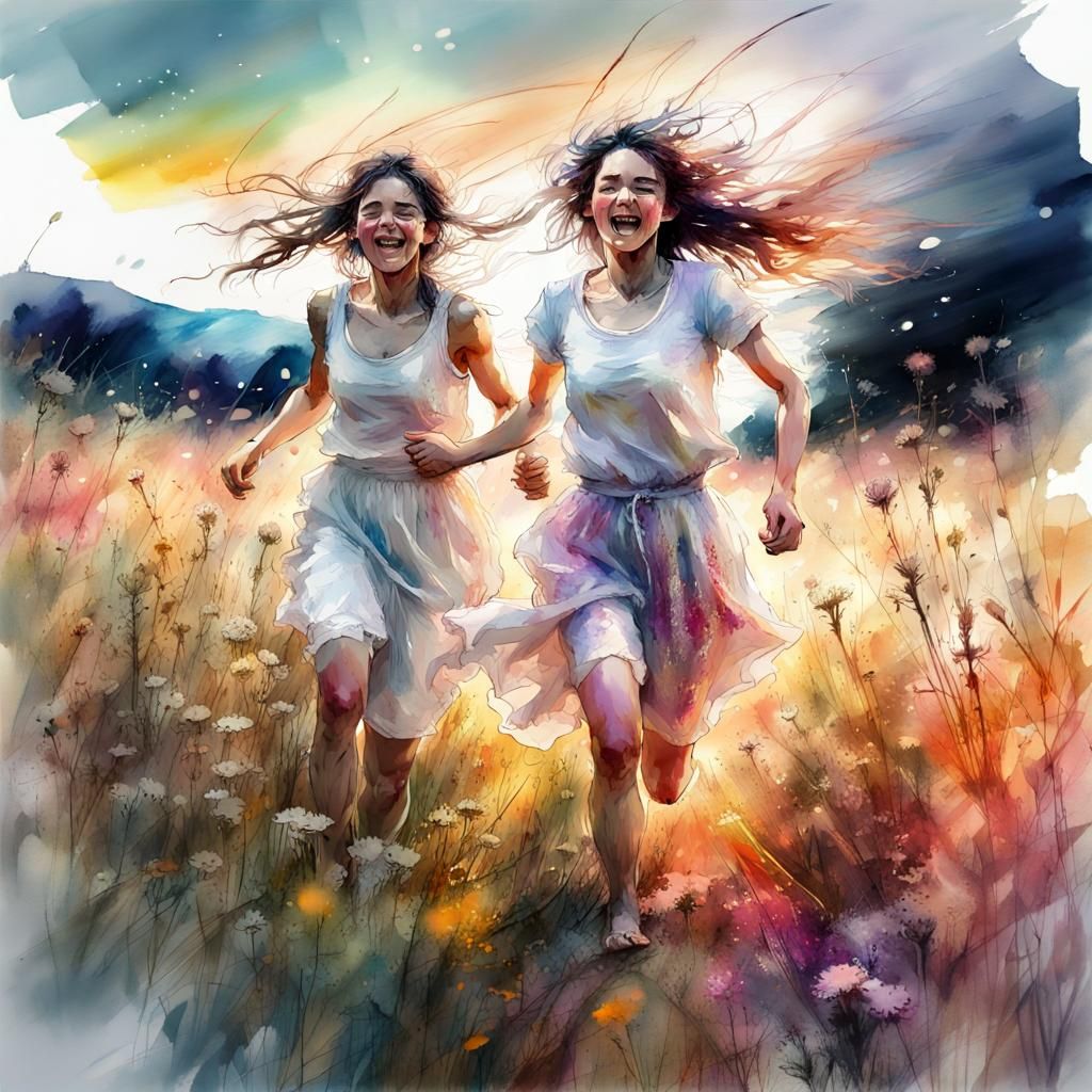 Sisters in Wildflower Field: Digital Watercolor Art
