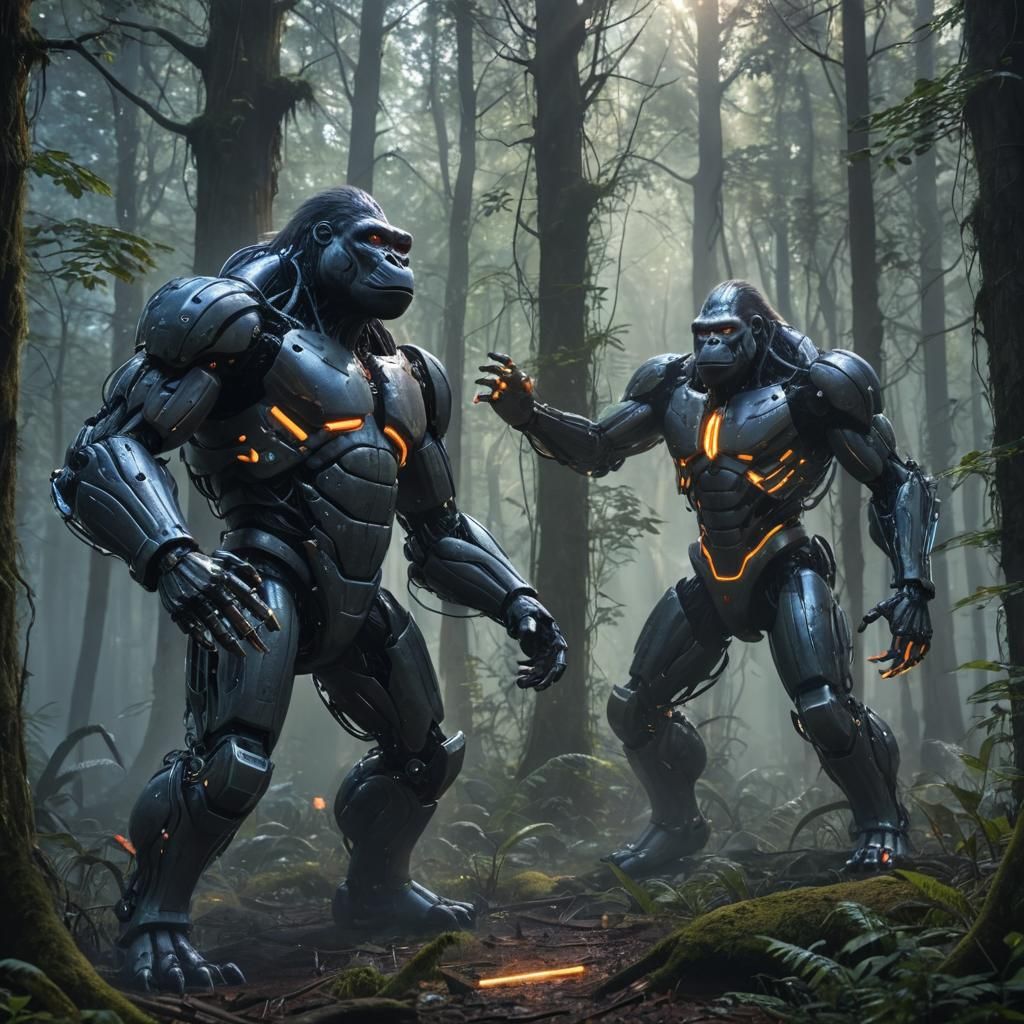 Robot Gorillas Clash in Fairy Forest: Anime Style