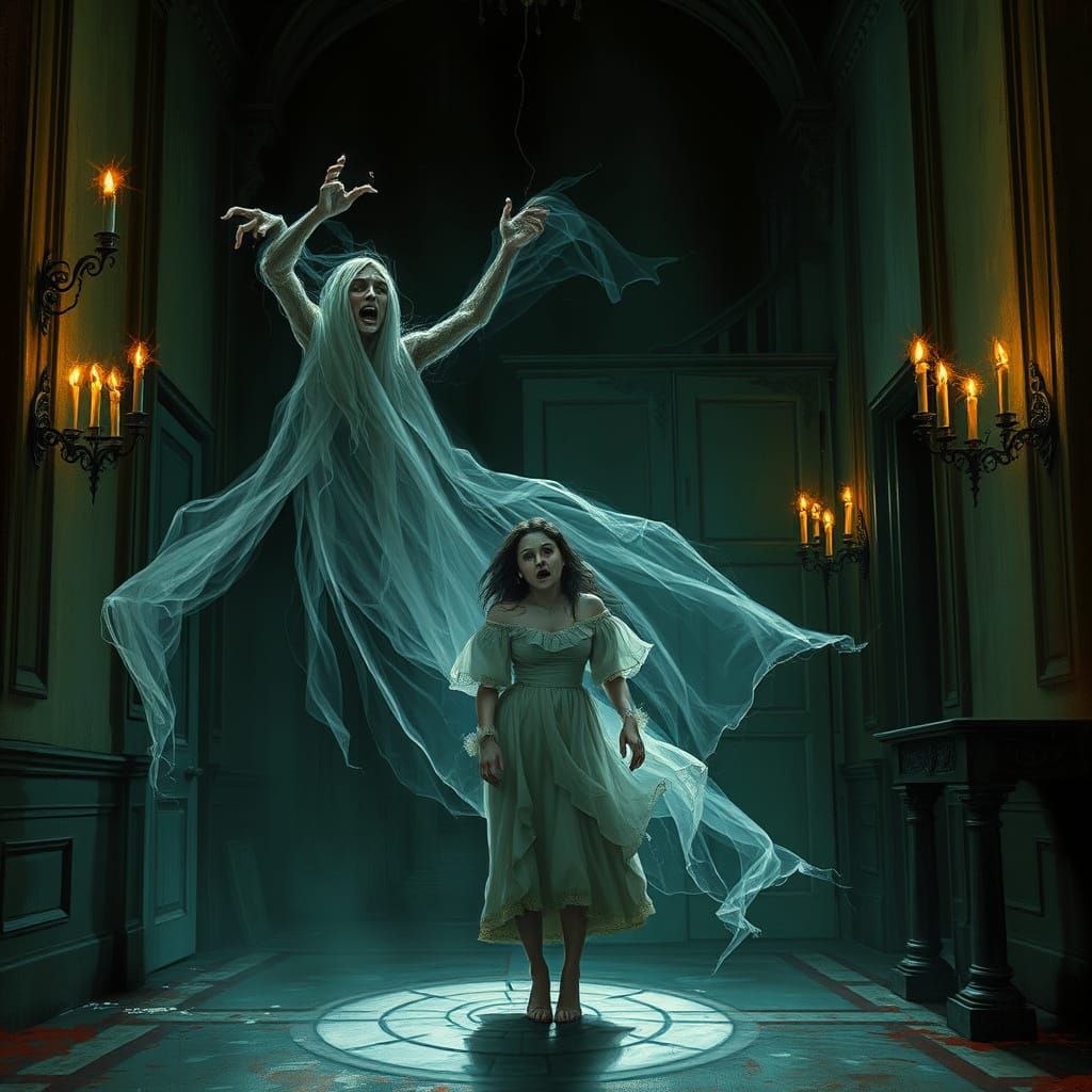 Ethereal Spirit Departs a Frightened Young Woman in a Haunte...
