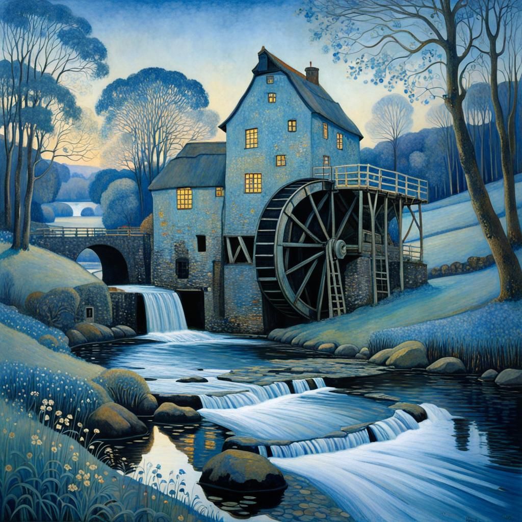 Historic Watermill in Blue Light, Art Nouveau Style