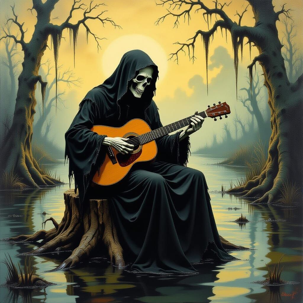 Grim Reaper Plays Guitar in Surreal Swamp Scene