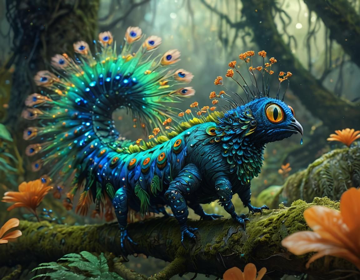 Iridescent Fantasy Creature Perched on Mossy Tree Branch