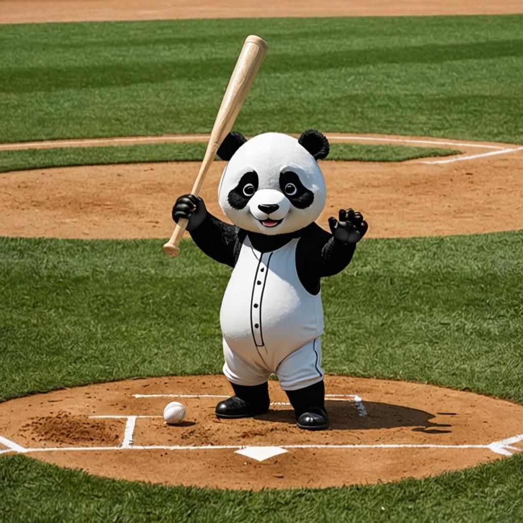Panda Mascot with Baseball Bat on Field