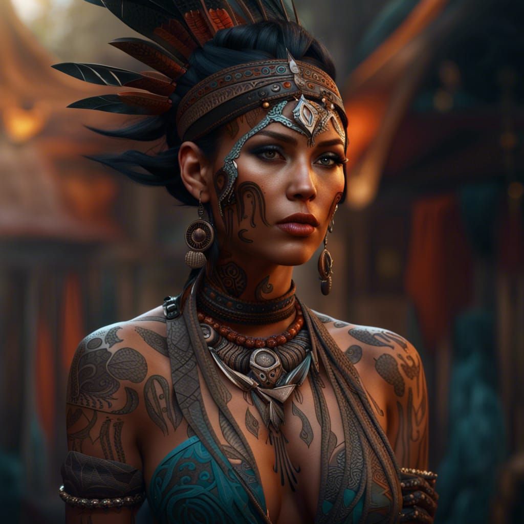 Woman with Tribal Tattoo: Detailed Matte Painting