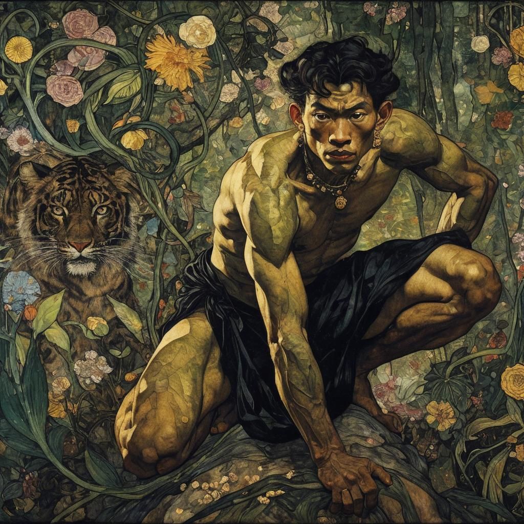 1897 surreal floral botanical collage, hairy-chested Asian Cambodian man, chartreuse loincloth, black silk chiffon