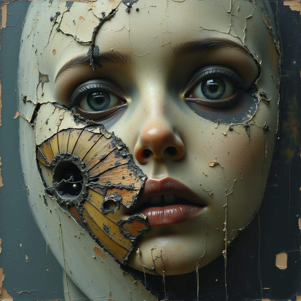 Disturbing Humanoid Face with Stitches and Wires