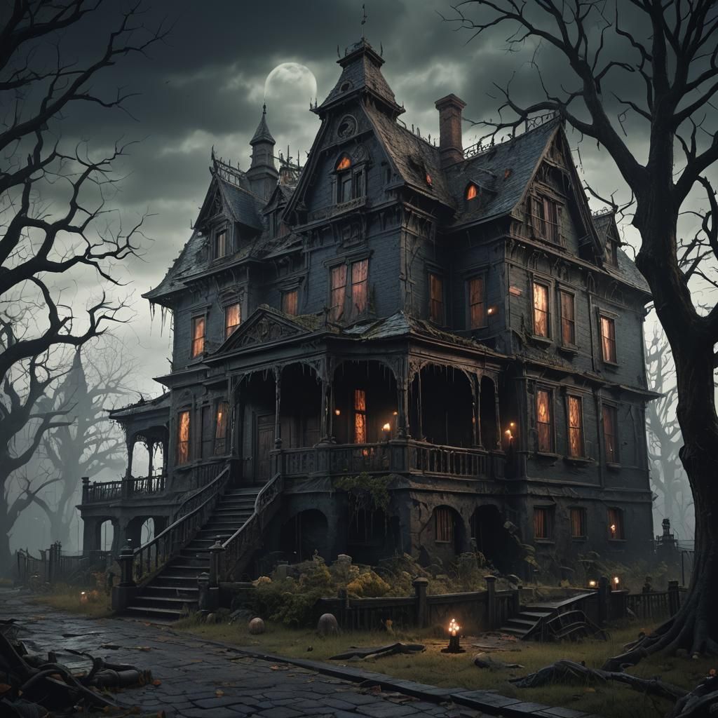 Eerie Dark Haunted House with Shadowy Figures