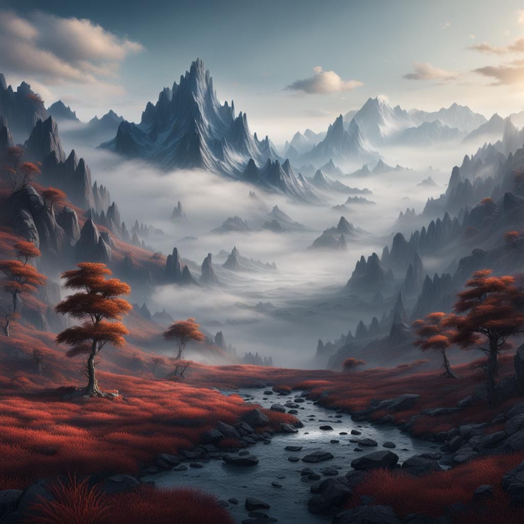 Misty Mountain Landscape in Detailed Matte Painting