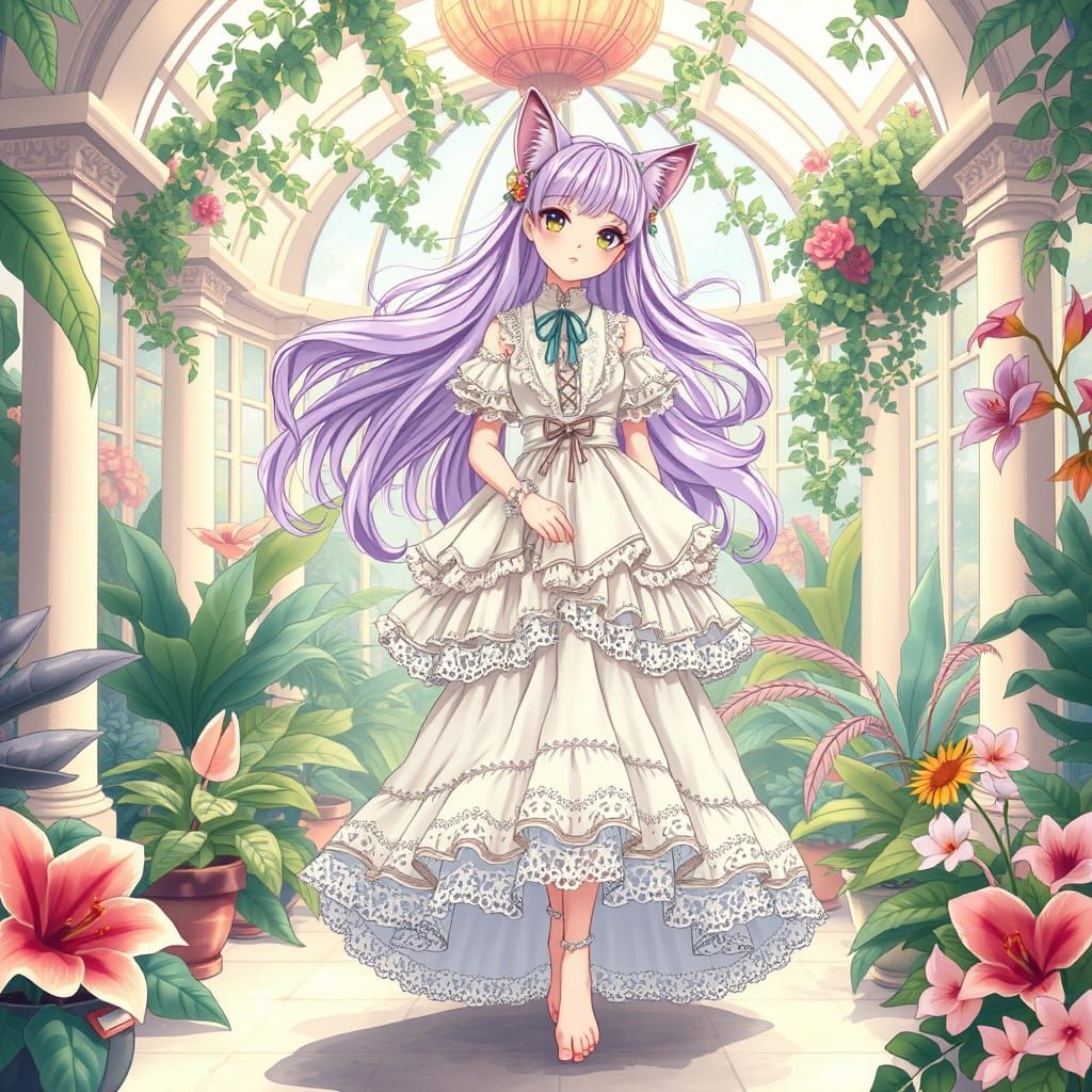 Victorian Catgirl Enchants in Lavender Hues