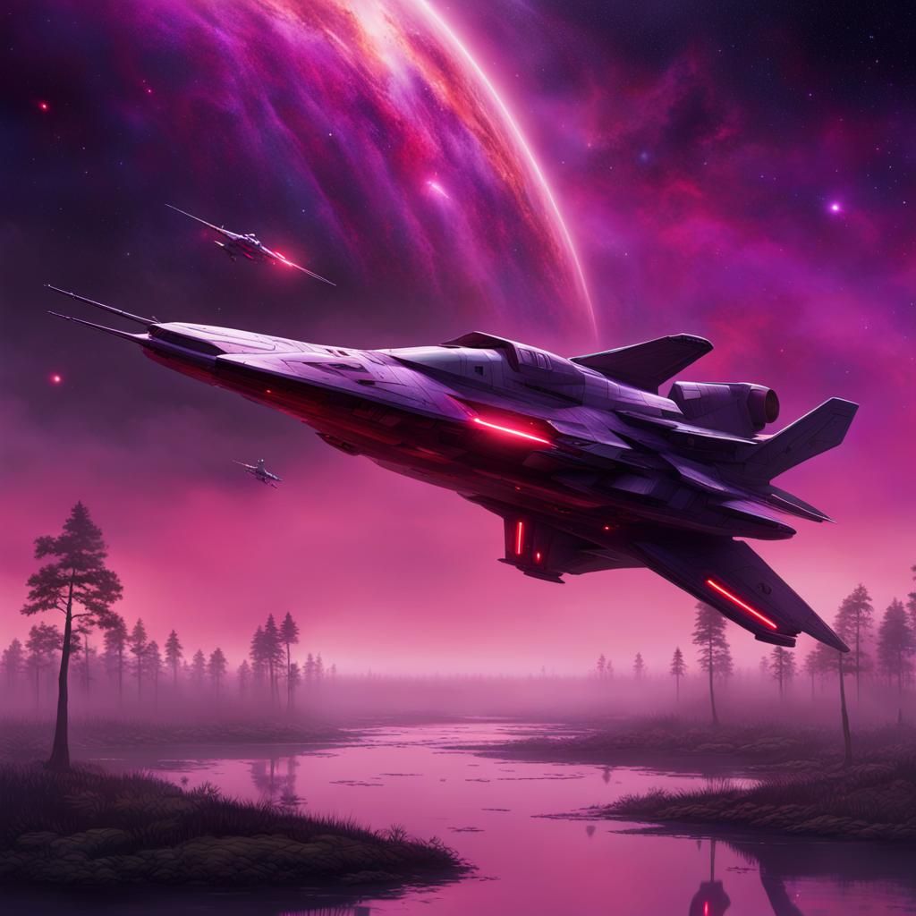 Futuristic Starfighter Diving Over Swampy Alien Landscape