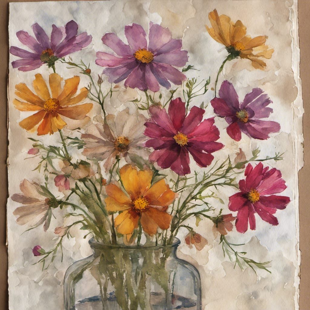 Cosmos Flowers in Clear Glass Vase, Junk Journal Page, Tea Stained Parchment Paper, Ripped Torn Edges, impressionistic g...