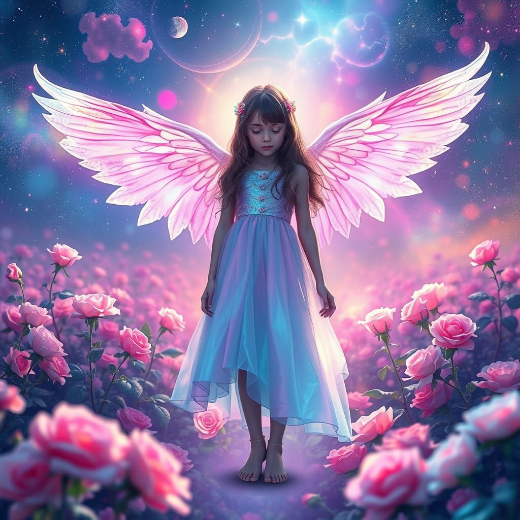 Ethereal Girl with Wings in Pastel Dress Among Roses