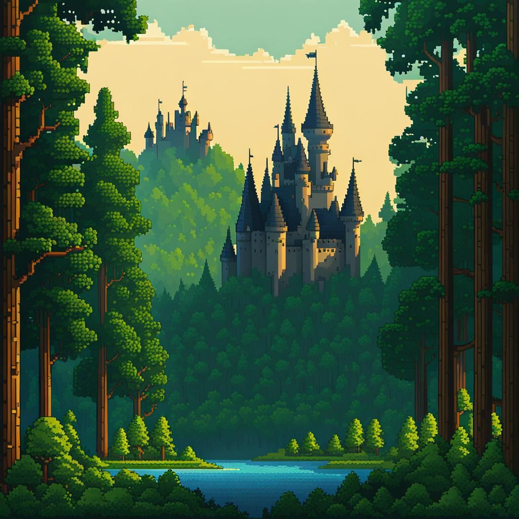 Pixel Art Forest with Distant Castle