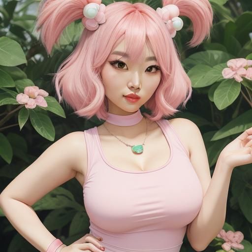 Pastel Pink Cartoon Girl with Green Gem Necklace