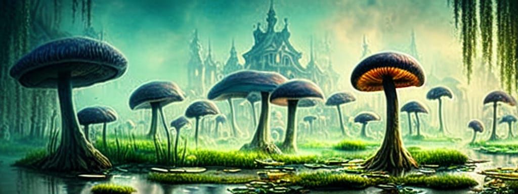 Swamp Mushroom Village in Art Nouveau Style