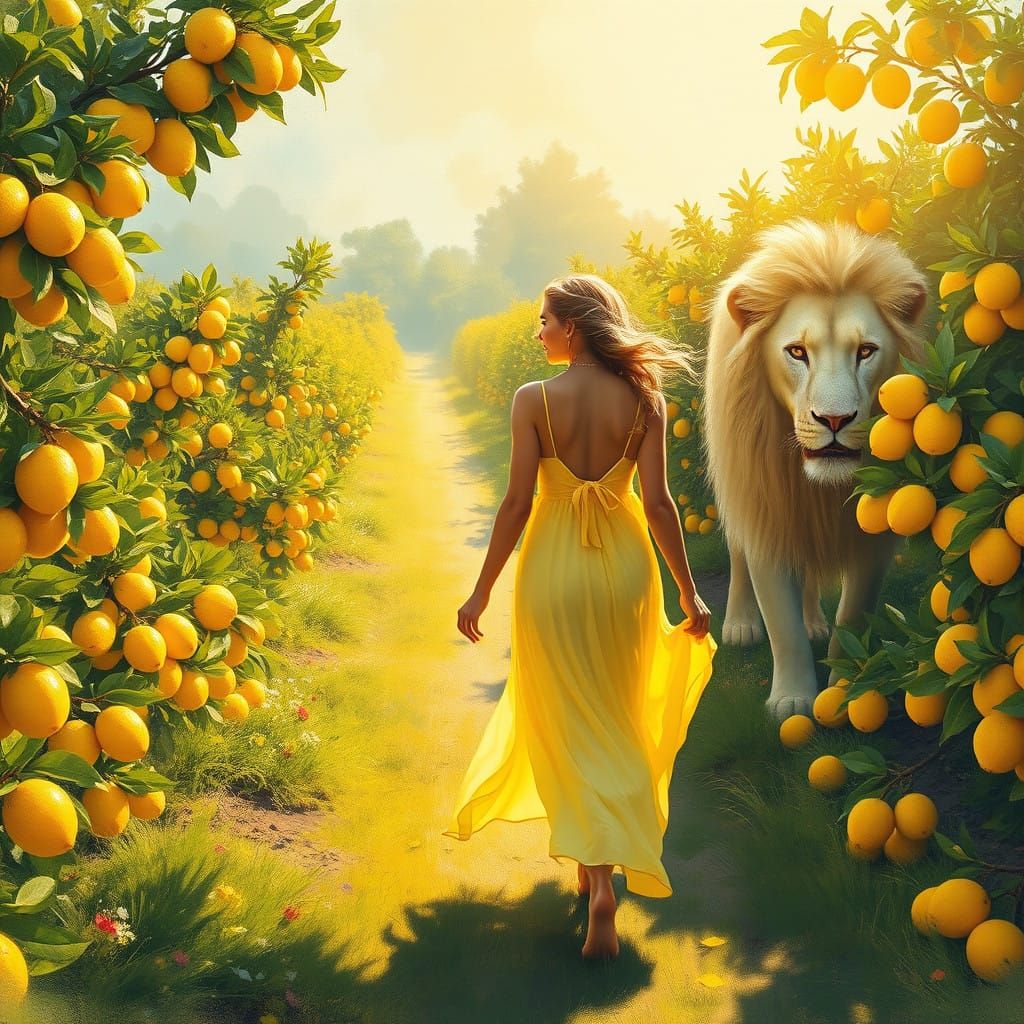 Young Lady Strolls with Majestic White Lion in Sunlit Lemon...