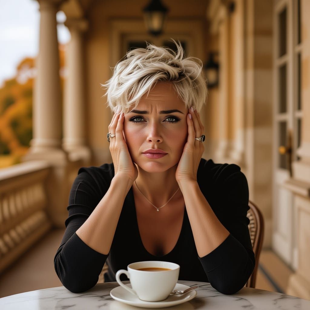 Exhausted Woman at Old English Mansion Breakfast