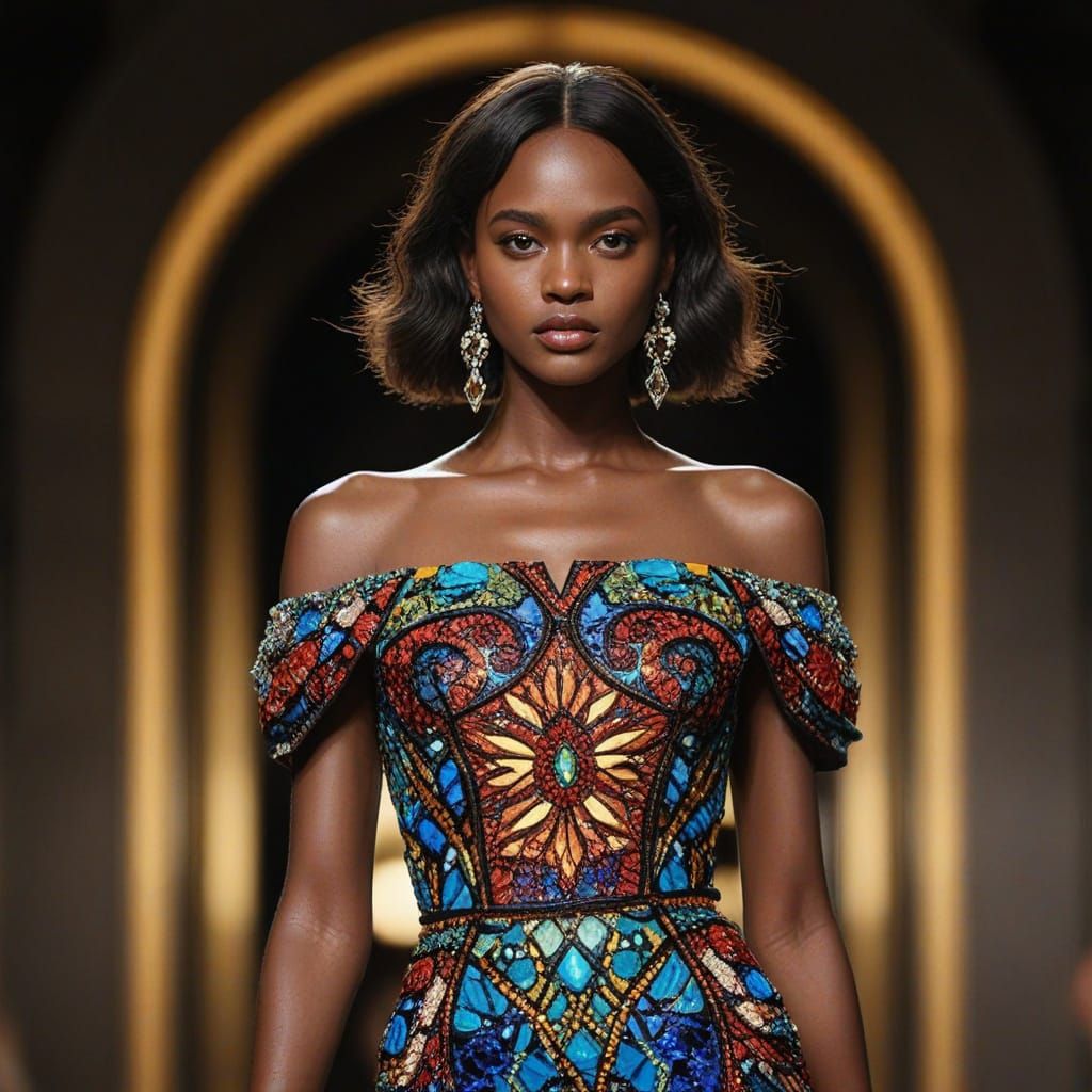 Runway Model in Oscar de la Renta Stained Glass Gown