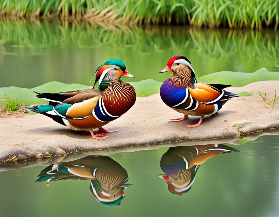 Colorful Mandarin Ducks in Park Pond Landscape